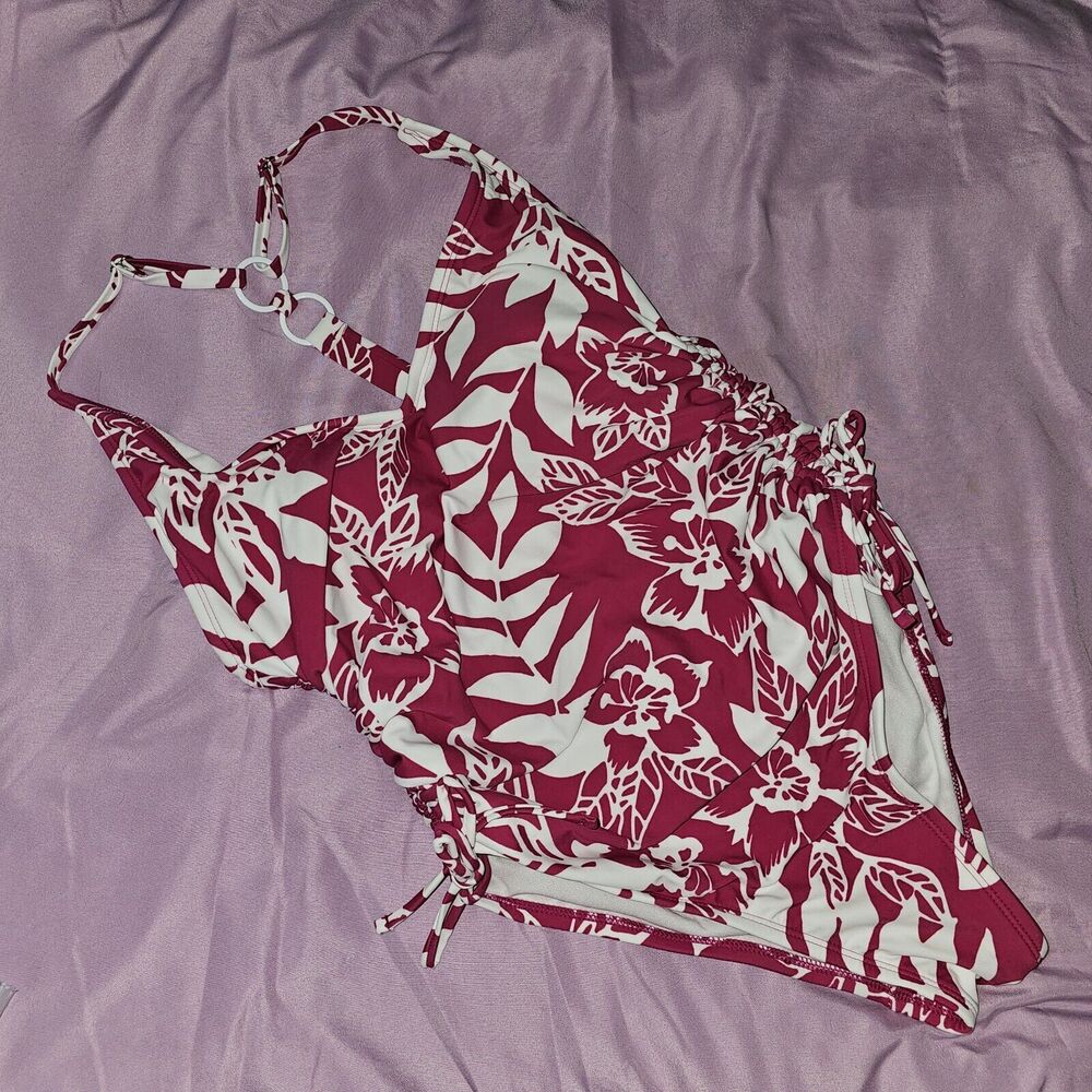 Kona Sol Women's Side-Cinch Tropical Modern One Piece Swimsuit Pink White Medium